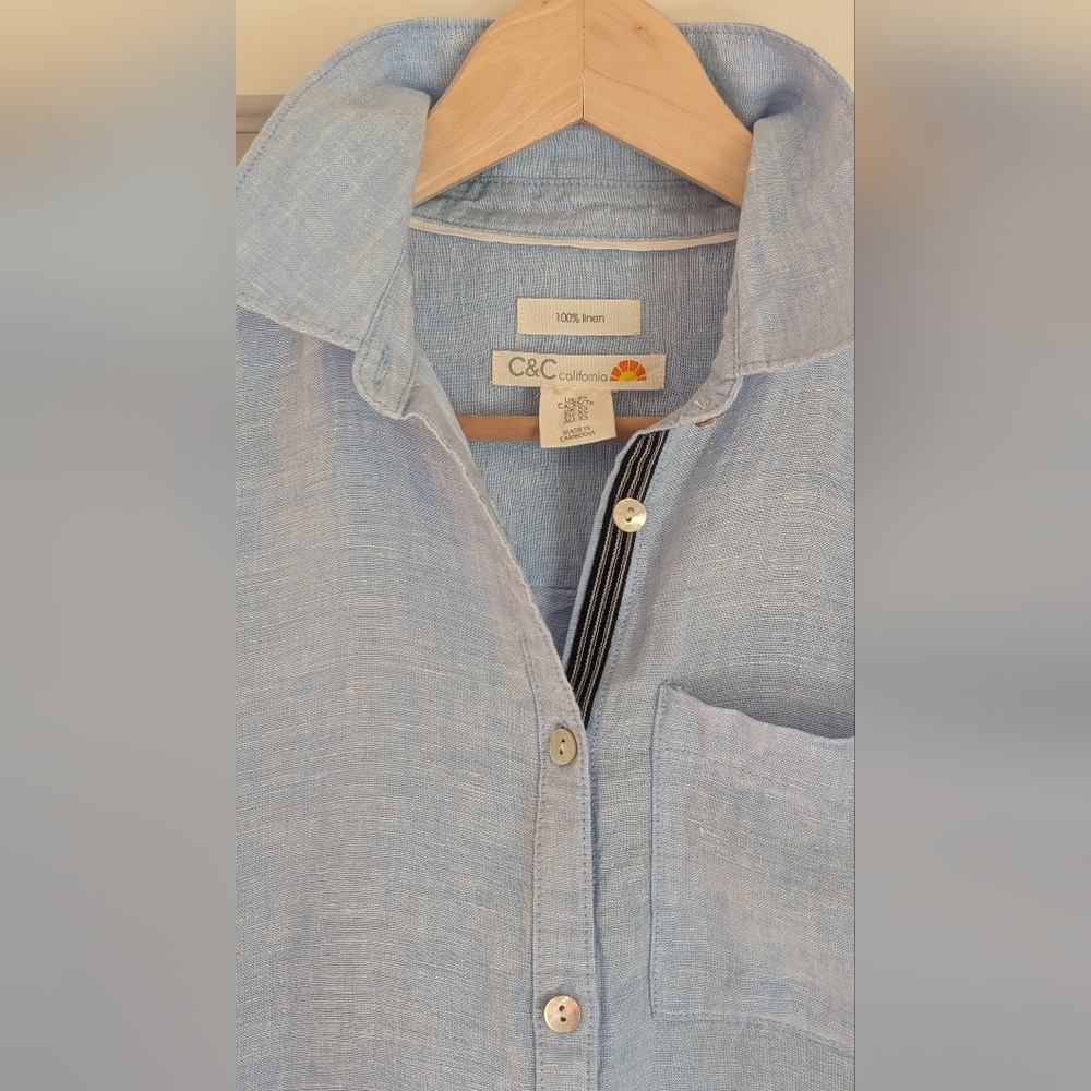C&C CALIFORNIA Blue Linen Roll Tab Sleeve Contrast Inner Line Shirt Dress Sz XS - Picture 8 of 11